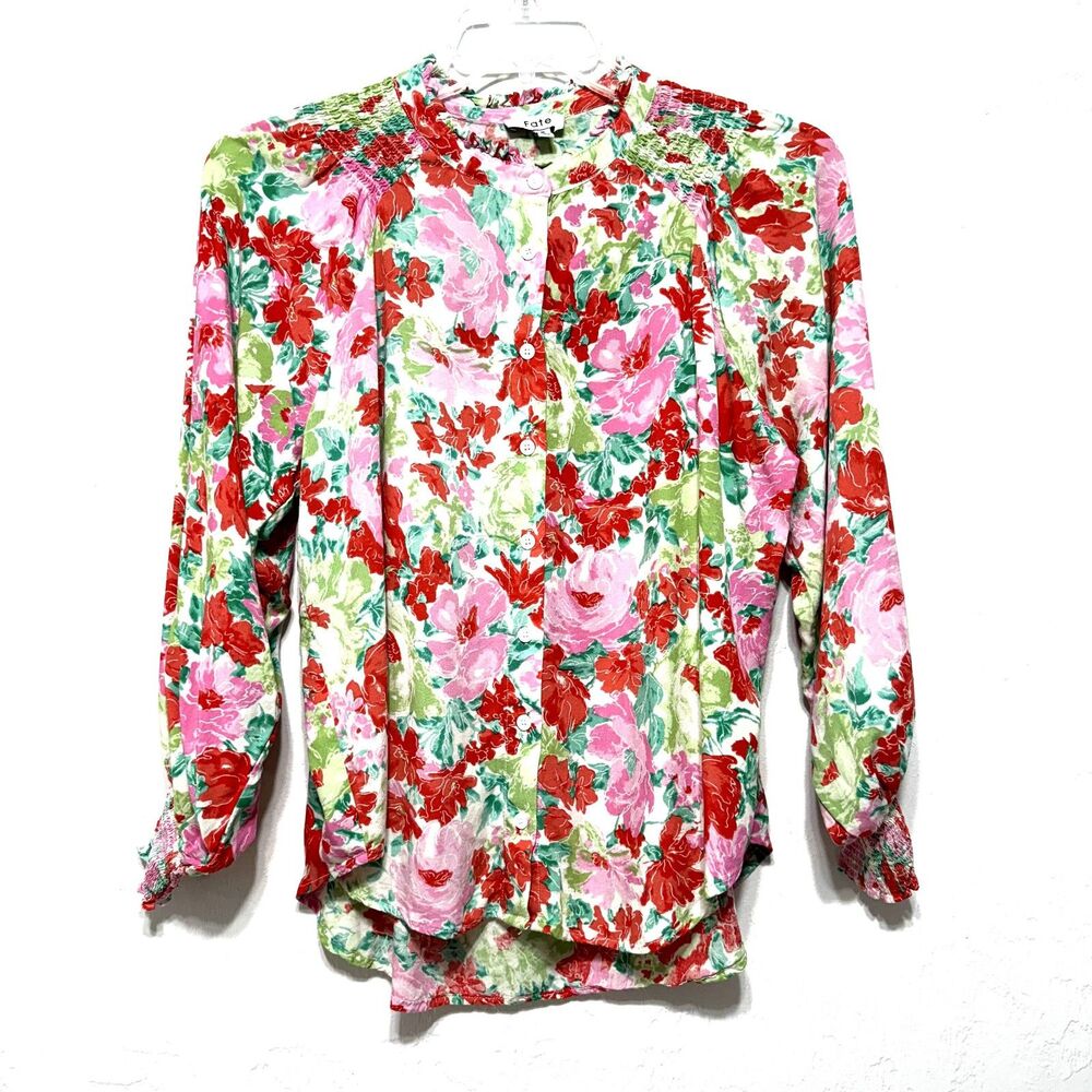Fate Blouse Long Sleeve Button Up Floral Print Pink Red Colorful Womens sz Small
